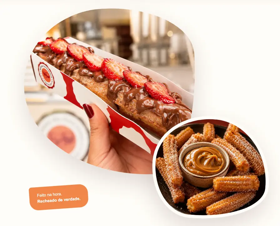 Churros com morango e porção de churritos Delícias do Casal Raiz